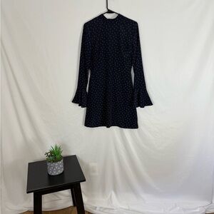 JOA Los Angeles Navy Mini Dress with Bell Sleeves & Quirky Print - Size Small